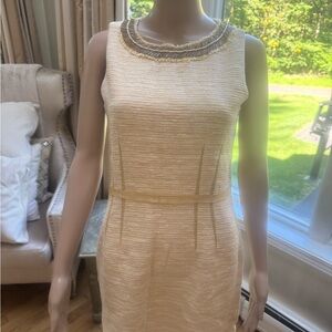 Elie Tahari Emory Tweed Mustard and Cream Sheath Dress.